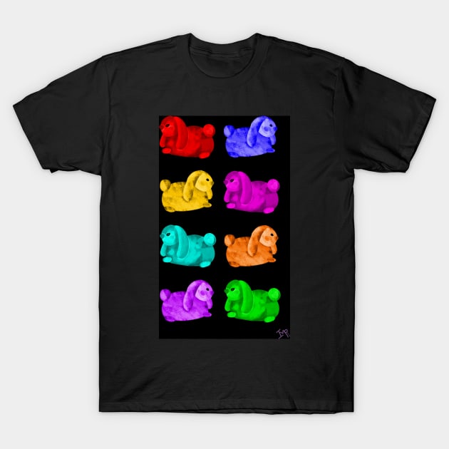 Luv Bunnies Galore - Rainbow on Black Background T-Shirt by Ipoole